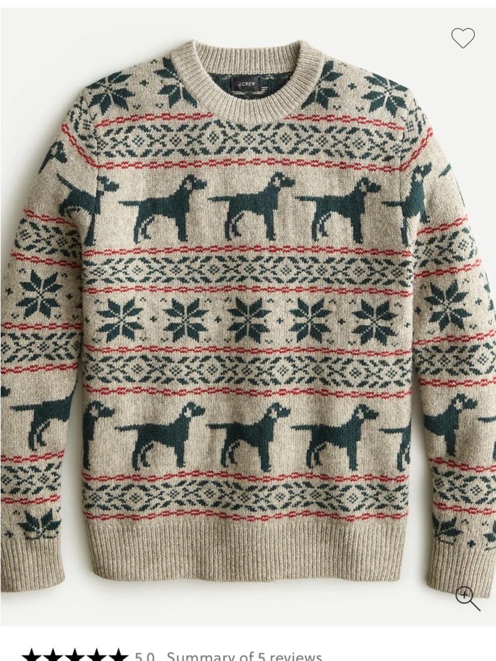 J. Crew Beige Crewneck Sweater with Green Dog & Red Fair Isle Accents